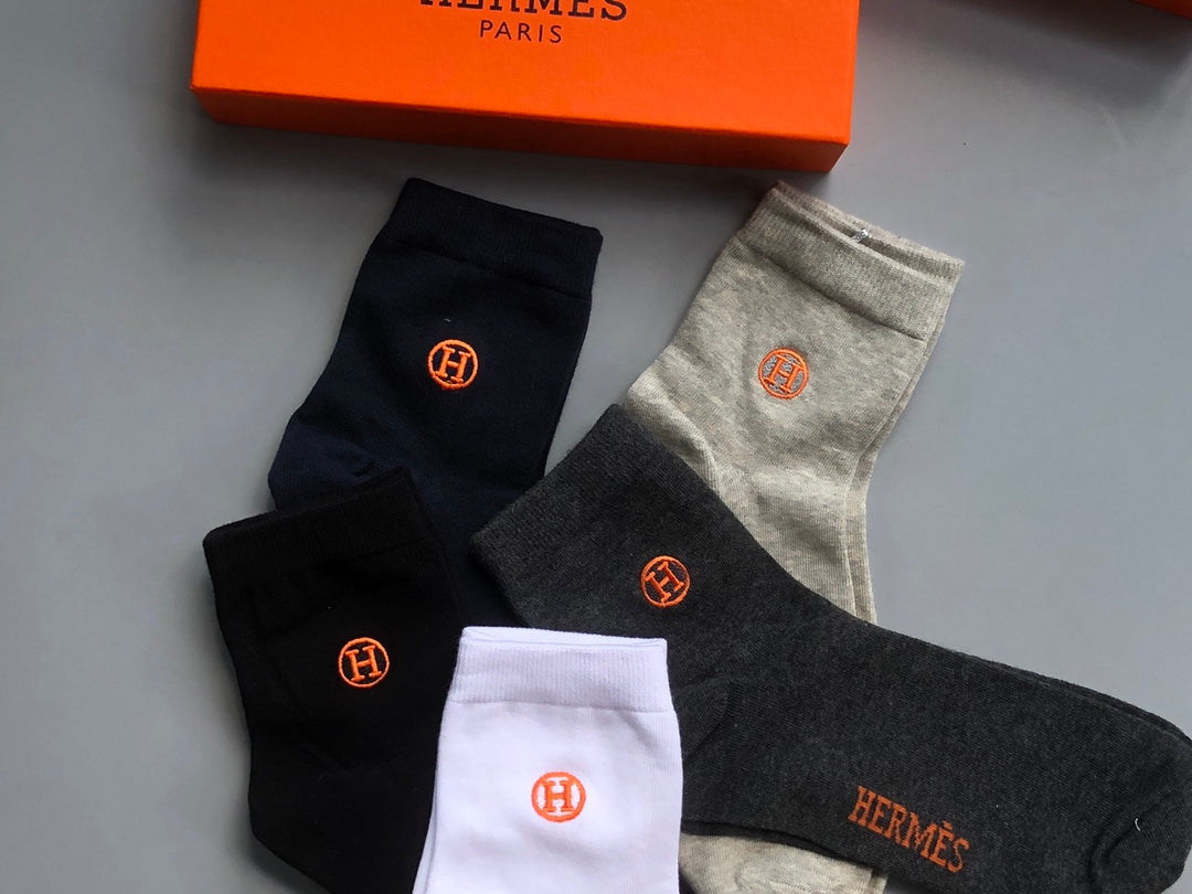 Hermes Orange Horse And Wordmark Crew Socks - 5-Pair Set
