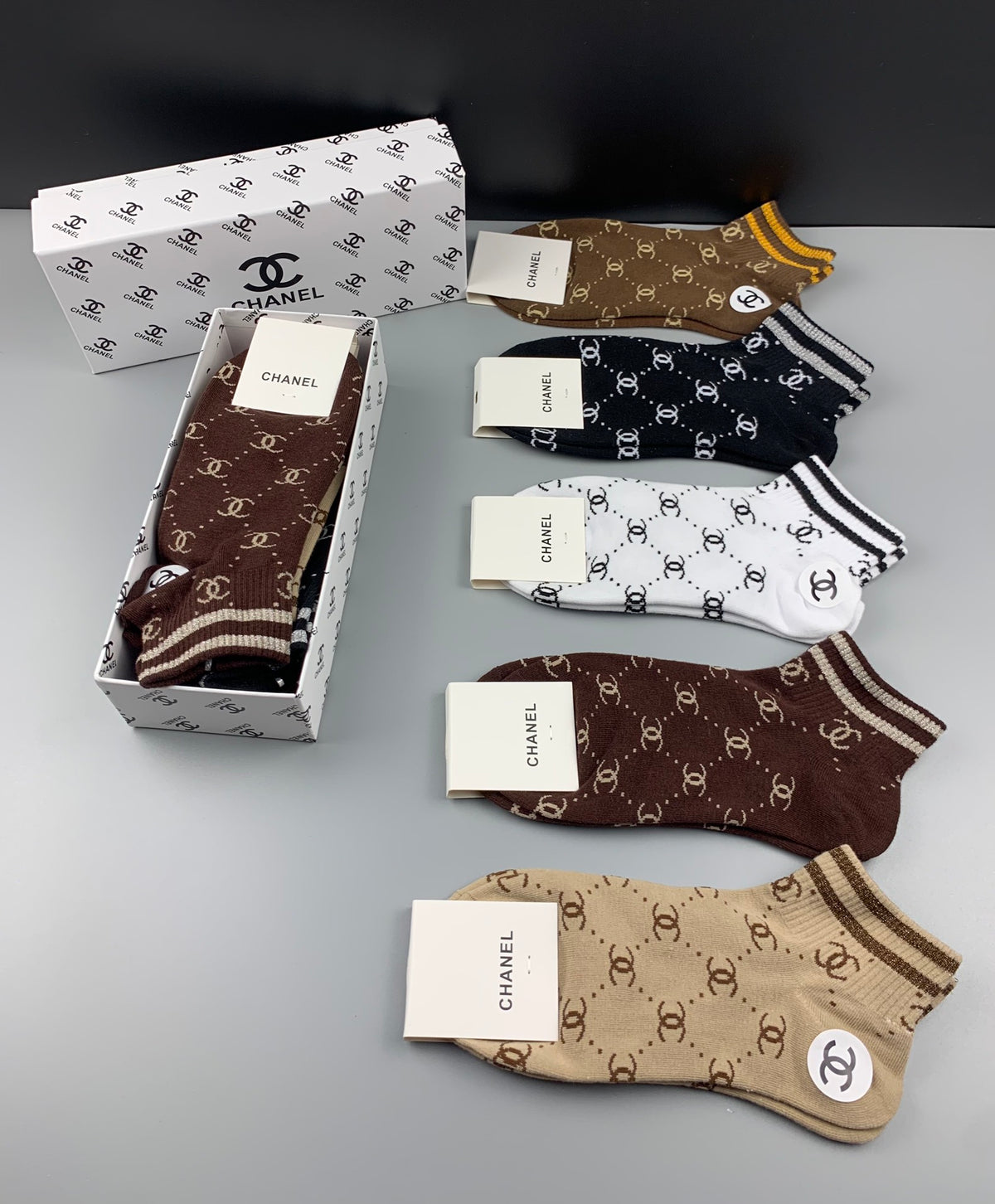 Chanel Cotton Mixed Stripes And Repeating Emblem Patterns Ankle Socks - 5-Pair Set