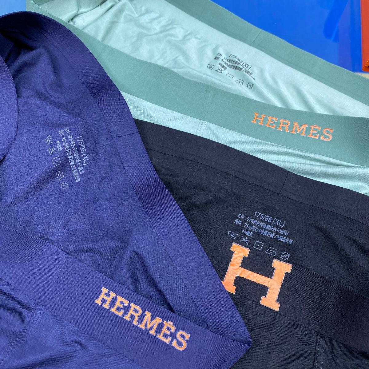 Hermes Blue, Green & White Tonal Waistbands Men's Boxer Briefs - 3-Piece Box