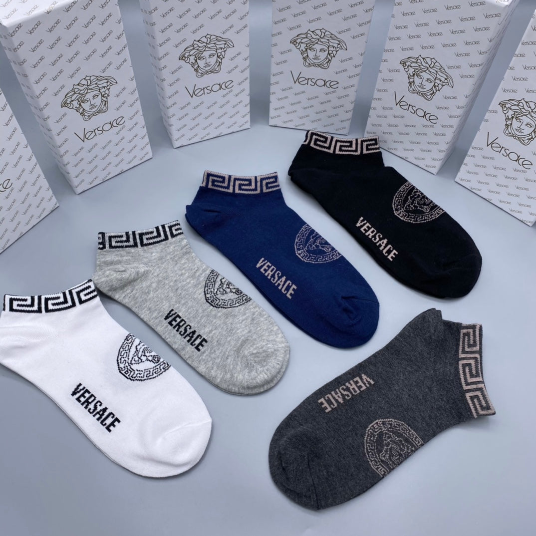 Versace Greek-Key And Letter Graphics Ankle Socks - 5-Pair Set