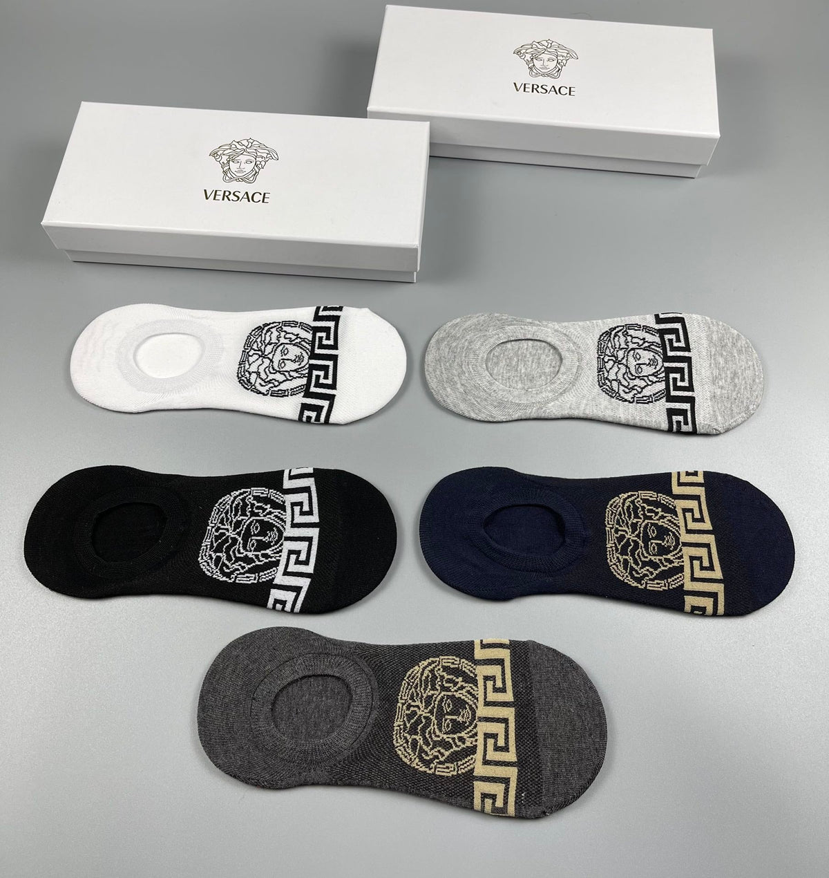 Versace Cotton Medallion And Greek-Key Details No-Show Socks - 5-Pair Set