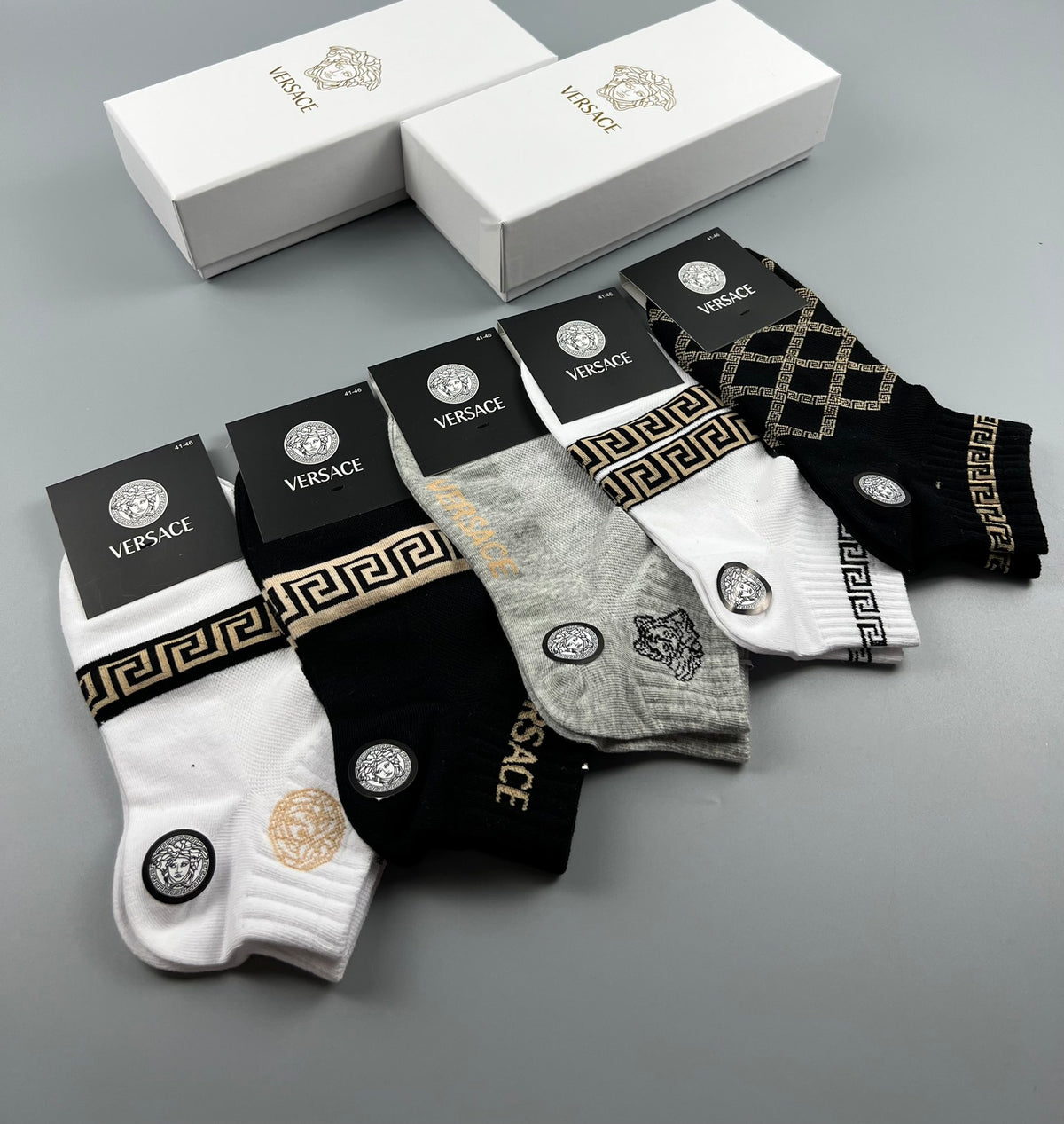 Versace Cotton blend Geometric Lattice And Medallion Motifs Ankle Socks - 5-Pair Set