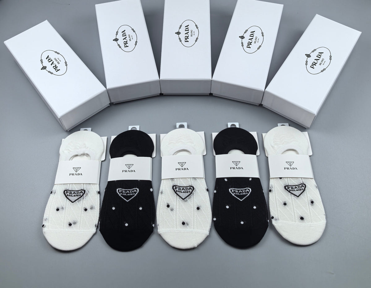 Prada Combed cotton Visible Logo, Stripe Or Motif Details Crew Socks - 5-Pair Set