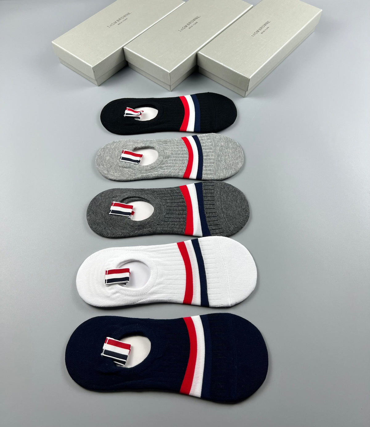 Thom Browne Cotton Visible Logo, Stripe Or Motif Details No-Show Socks - 5-Pair Set
