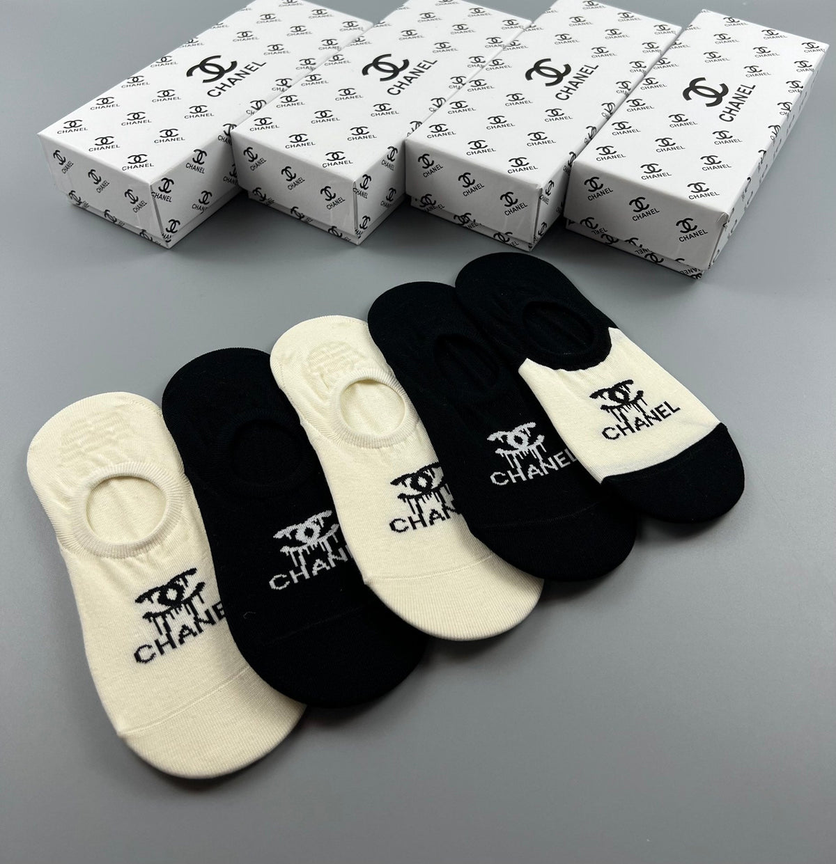 Chanel Cotton Visible Logo, Stripe Or Motif Details No-Show Socks - 5-Pair Set