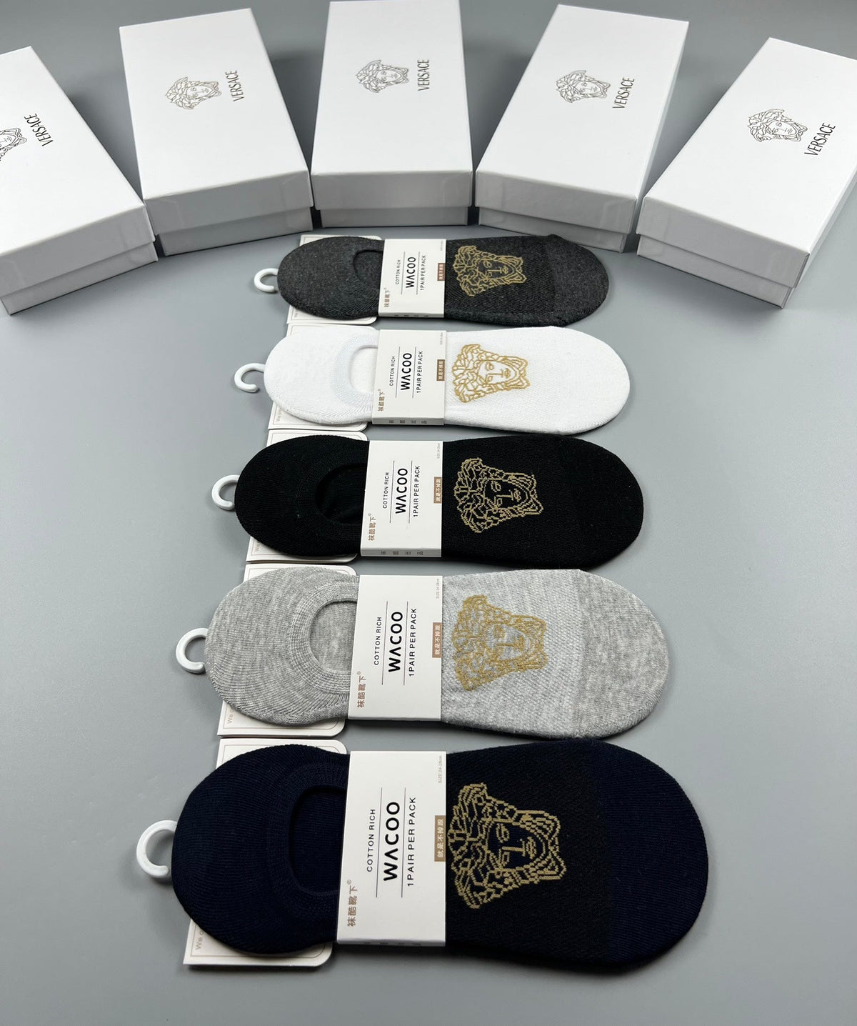 Versace Cotton Visible Logo, Stripe Or Motif Details No-Show Socks - 5-Pair Set
