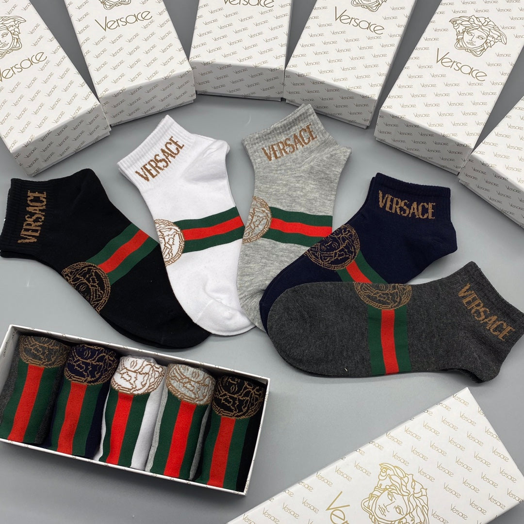 Versace Combed cotton Red-And-Green Stripe Accents Ankle Socks - 5-Pair Set