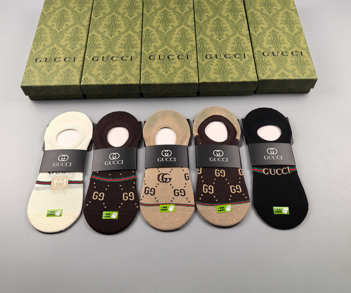 Gucci Cotton Visible Logo, Stripe Or Motif Details No-Show Socks - 5-Pair Set