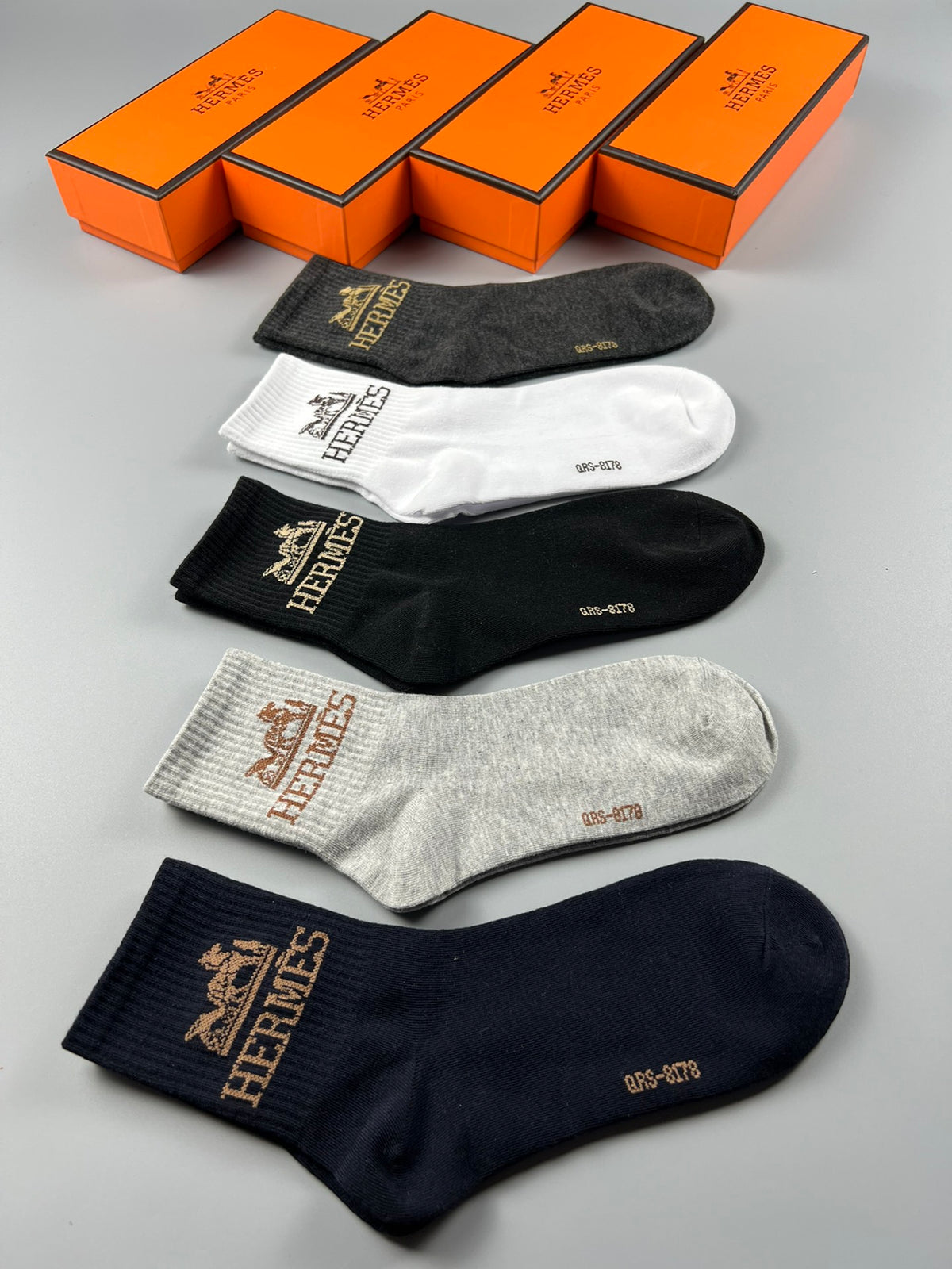 Hermes Crest Logo Crew Socks - 5-Pair Box