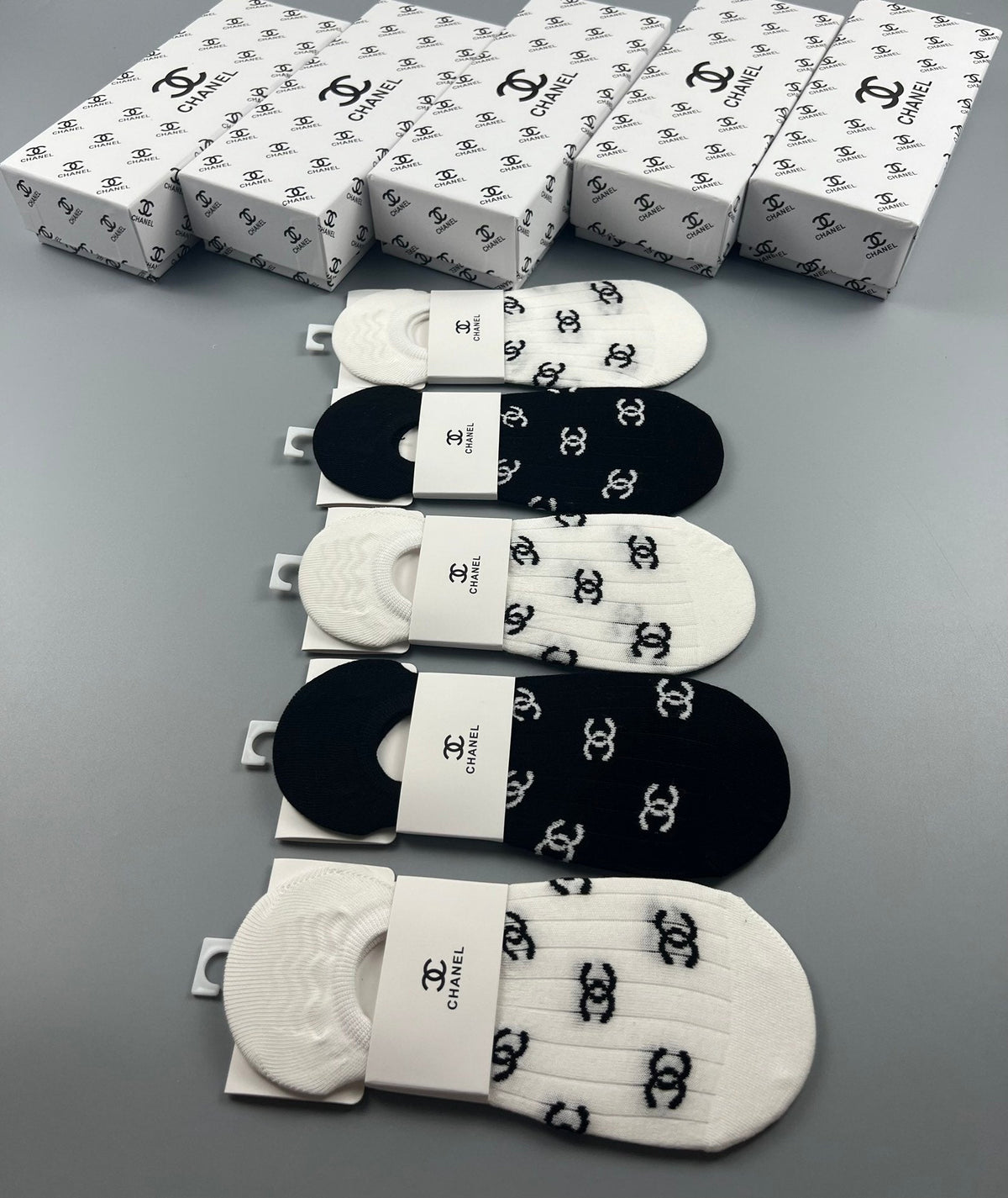 Chanel Cotton Visible Logo, Stripe Or Motif Details No-Show Socks - 5-Pair Set