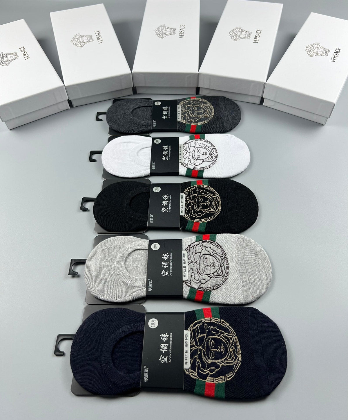 Versace Cotton Visible Logo, Stripe Or Motif Details No-Show Socks - 5-Pair Set